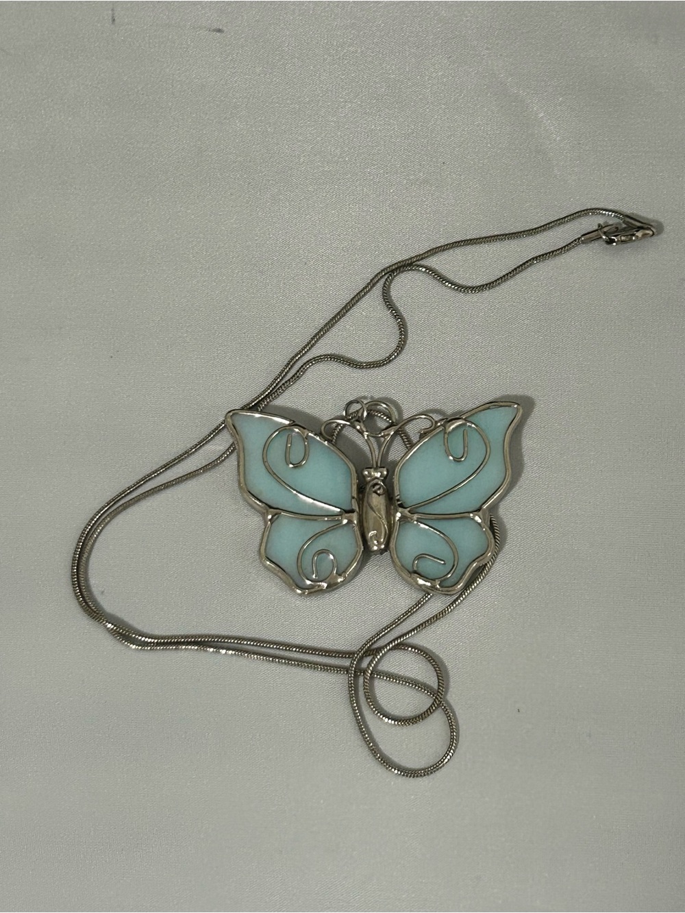 Silver-Tone Butterfly Pendant Necklace with Light Blue Enamel